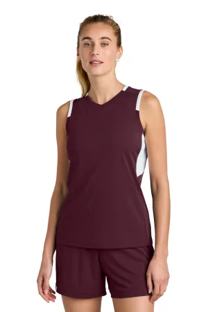 Sport-Tek Womens Club Moisture Wicking V-Neck Tank Top - Maroon/White Clothing Sport-Tek