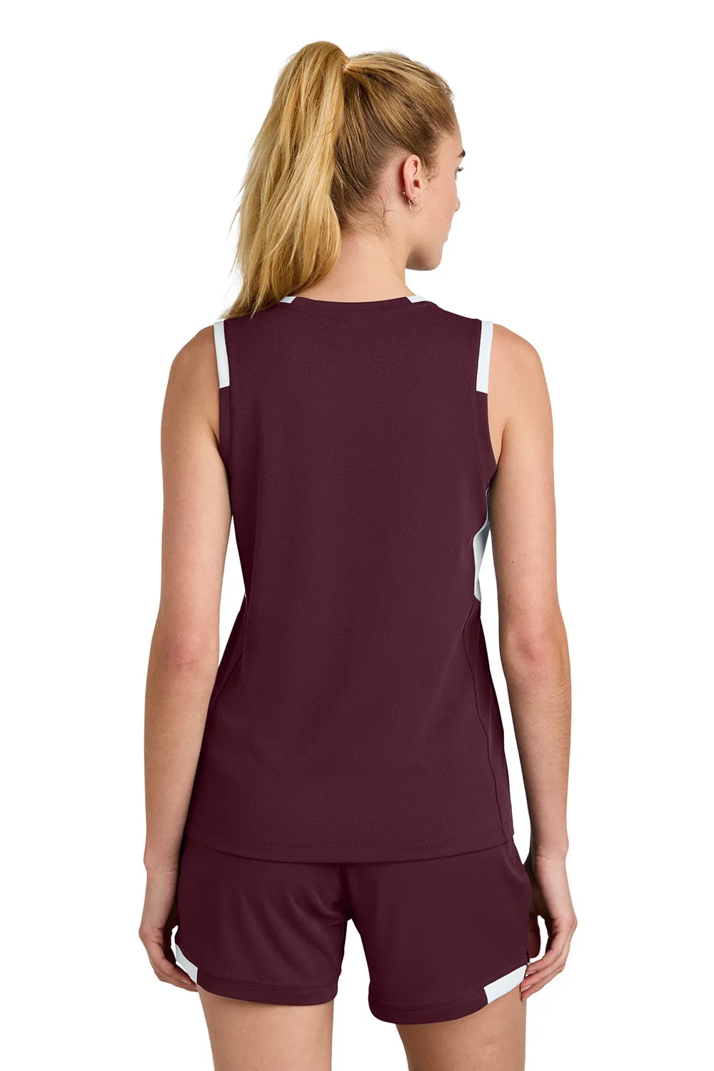 Sport-Tek Womens Club Moisture Wicking V-Neck Tank Top - Maroon/White Clothing Sport-Tek