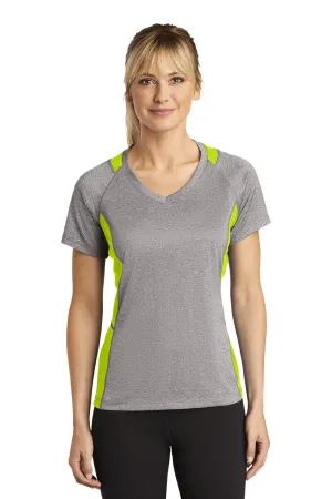 Sport-Tek Womens Contender Heather Moisture Wicking Short Sleeve V-Neck T-Shirt - Heather Vintage Grey/Lime Shock Green - Closeout Clothing Sport-Tek