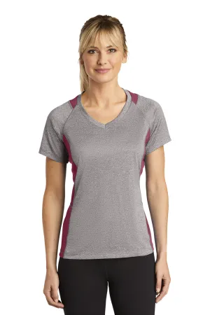 Sport-Tek Womens Contender Heather Moisture Wicking Short Sleeve V-Neck T-Shirt - Heather Vintage Grey/Maroon - Closeout Clothing Sport-Tek
