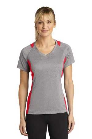 Sport-Tek Womens Contender Heather Moisture Wicking Short Sleeve V-Neck T-Shirt - Heather Vintage Grey/True Red - Closeout Clothing Sport-Tek
