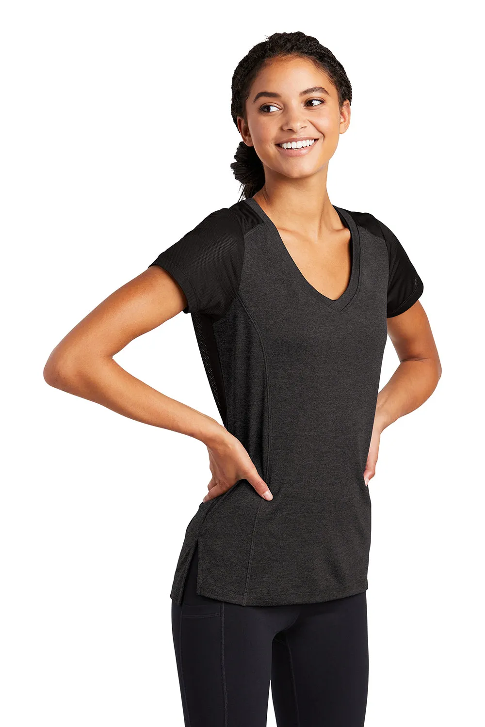 Sport-Tek Womens Endeavor Moisture Wicking Short Sleeve V-Neck T-Shirt - Heather Black/Black - Closeout Clothing Sport-Tek
