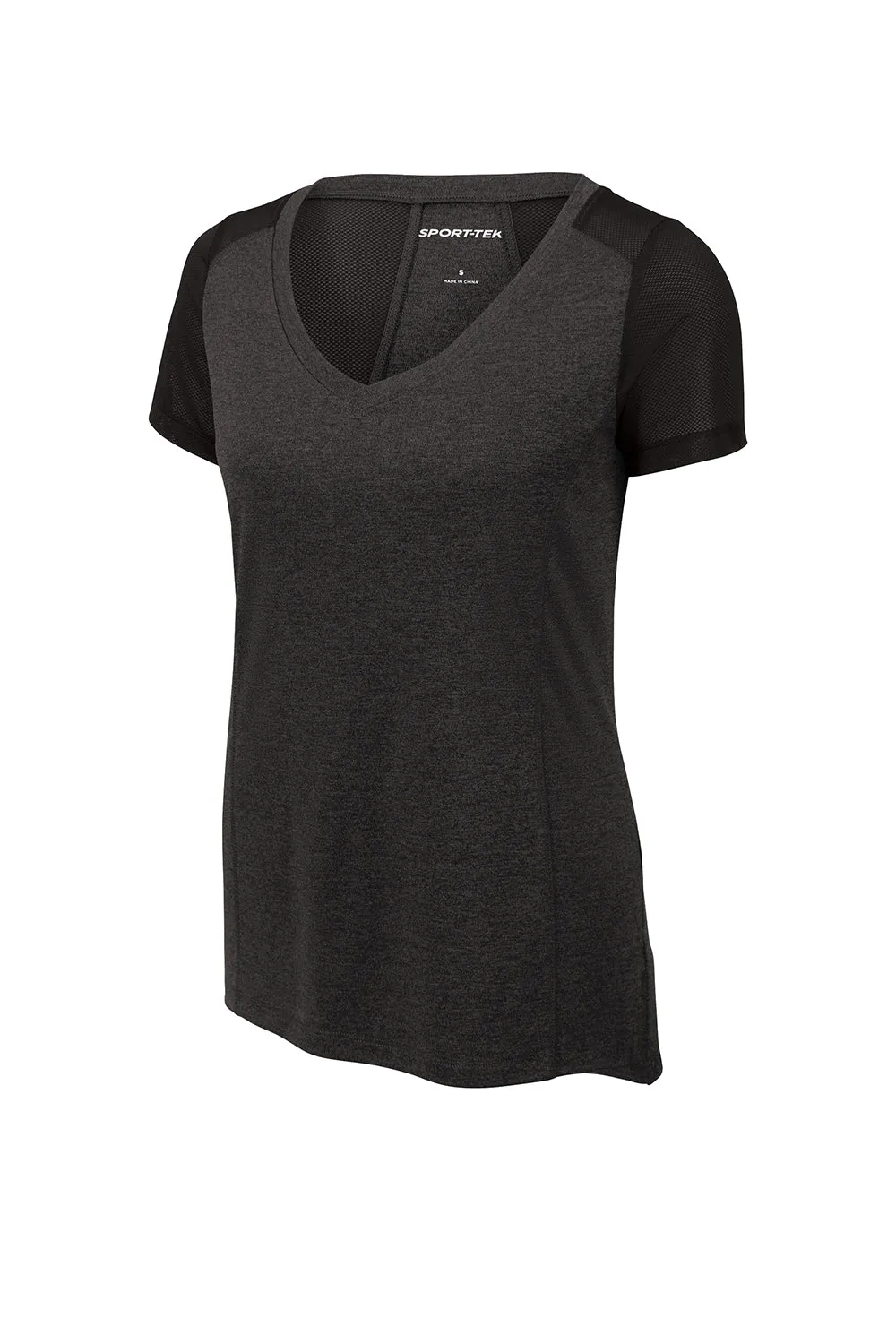 Sport-Tek Womens Endeavor Moisture Wicking Short Sleeve V-Neck T-Shirt - Heather Black/Black - Closeout Clothing Sport-Tek