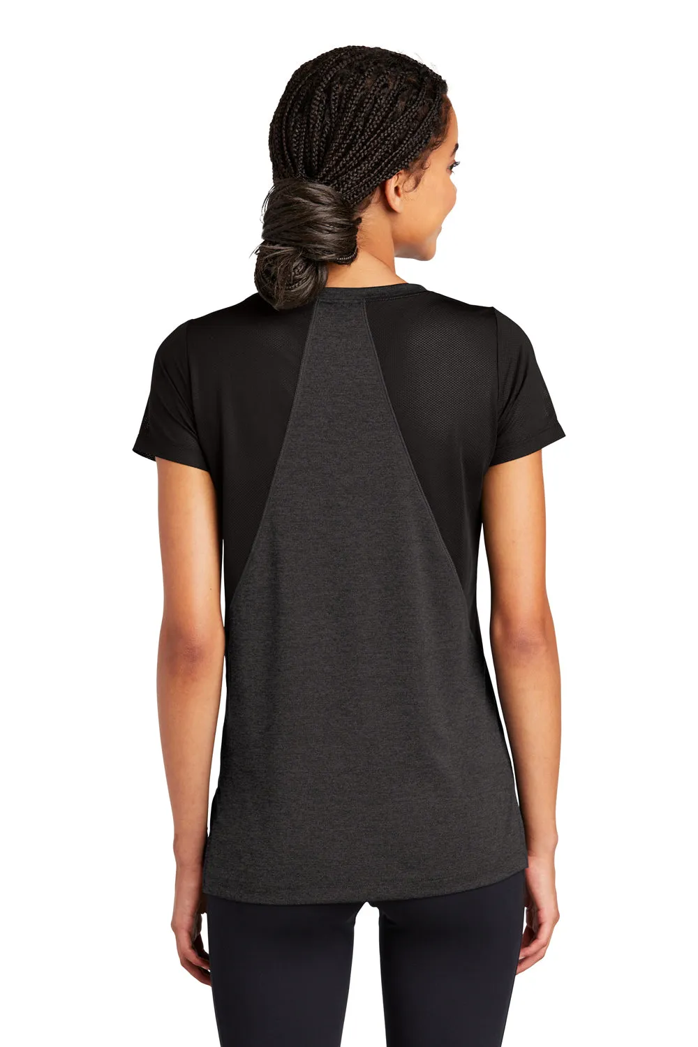 Sport-Tek Womens Endeavor Moisture Wicking Short Sleeve V-Neck T-Shirt - Heather Black/Black - Closeout Clothing Sport-Tek