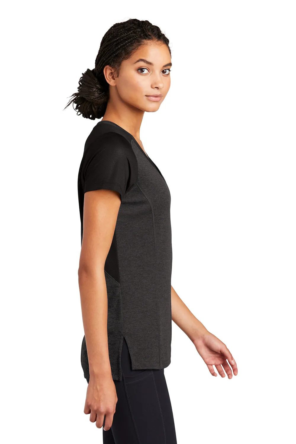 Sport-Tek Womens Endeavor Moisture Wicking Short Sleeve V-Neck T-Shirt - Heather Black/Black - Closeout Clothing Sport-Tek