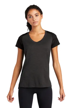 Sport-Tek Womens Endeavor Moisture Wicking Short Sleeve V-Neck T-Shirt - Heather Black/Black - Closeout Clothing Sport-Tek