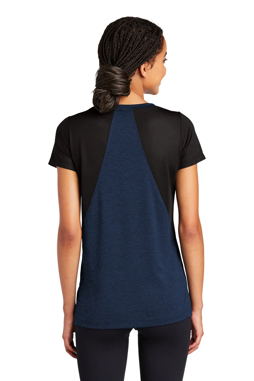 Sport-Tek Womens Endeavor Moisture Wicking Short Sleeve V-Neck T-Shirt - Heather Dark Royal Blue/Black - Closeout Clothing Sport-Tek