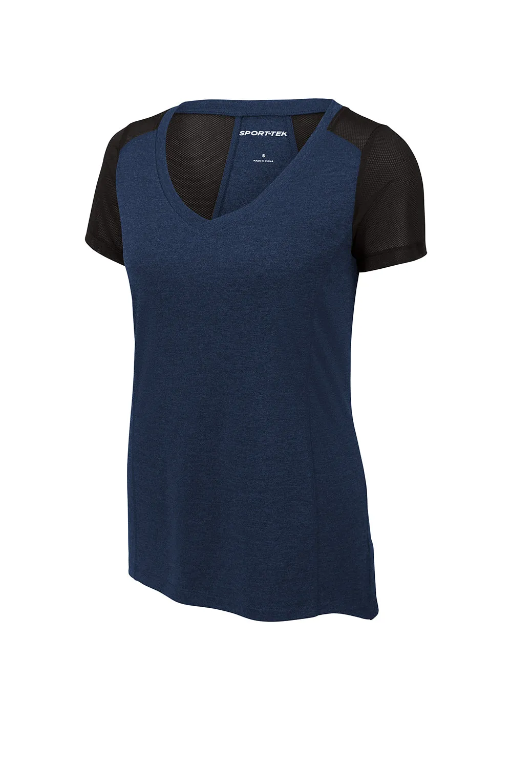 Sport-Tek Womens Endeavor Moisture Wicking Short Sleeve V-Neck T-Shirt - Heather Dark Royal Blue/Black - Closeout Clothing Sport-Tek