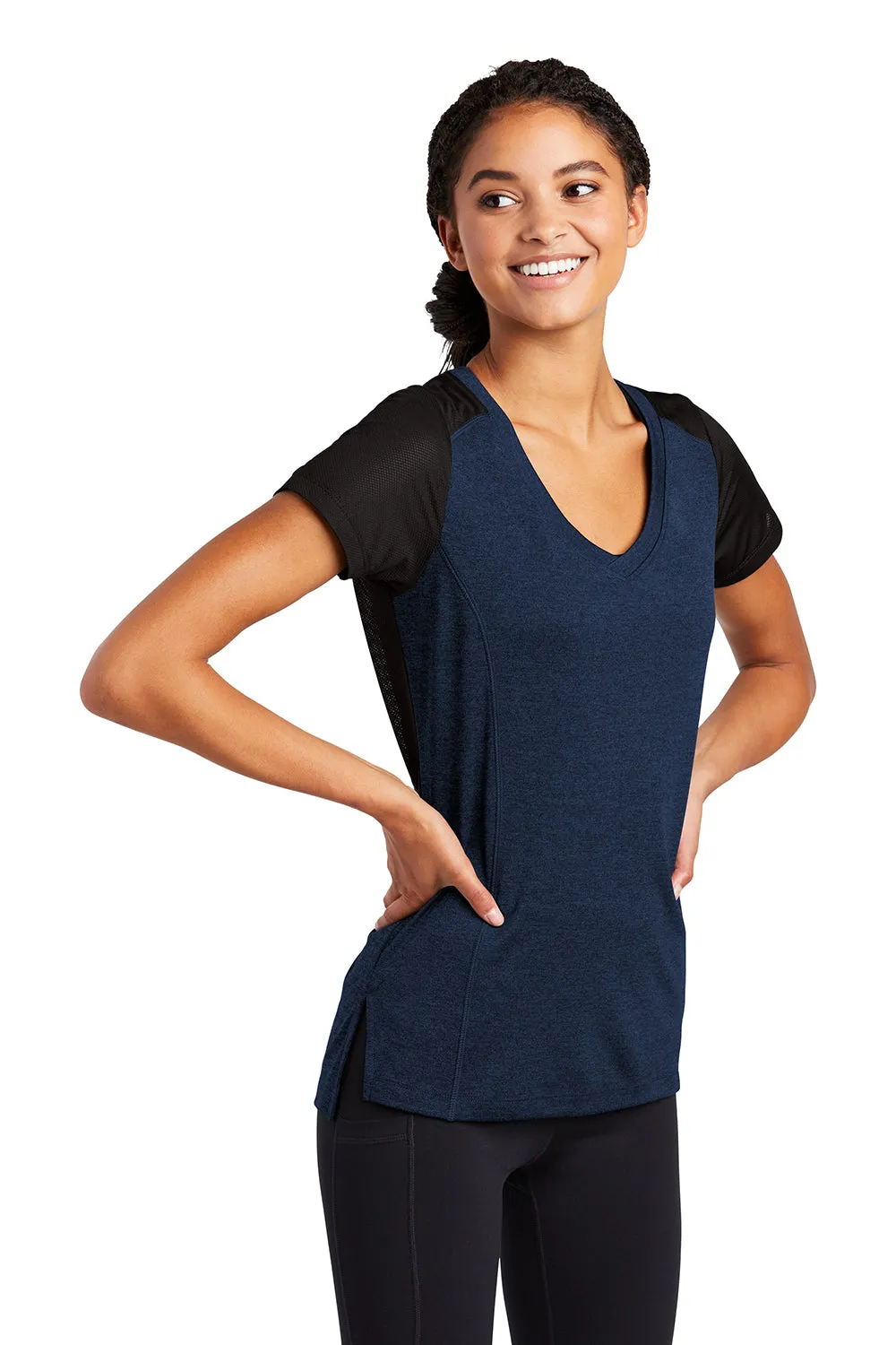 Sport-Tek Womens Endeavor Moisture Wicking Short Sleeve V-Neck T-Shirt - Heather Dark Royal Blue/Black - Closeout Clothing Sport-Tek
