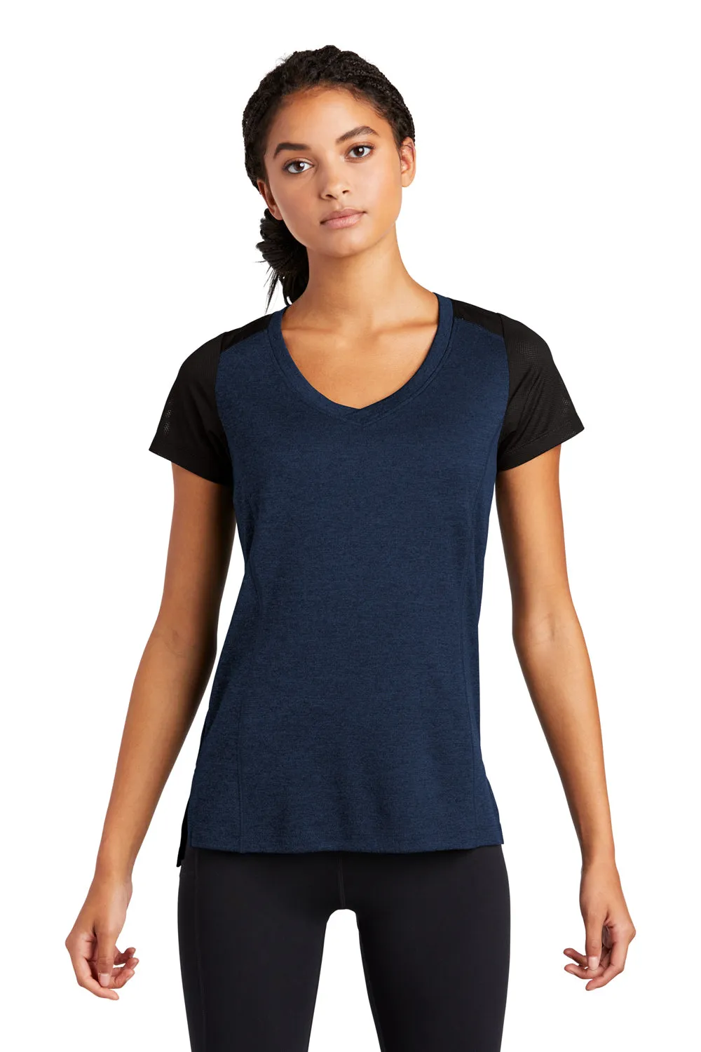 Sport-Tek Womens Endeavor Moisture Wicking Short Sleeve V-Neck T-Shirt - Heather Dark Royal Blue/Black - Closeout Clothing Sport-Tek
