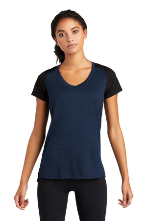 Sport-Tek Womens Endeavor Moisture Wicking Short Sleeve V-Neck T-Shirt - Heather Dark Royal Blue/Black - Closeout Clothing Sport-Tek
