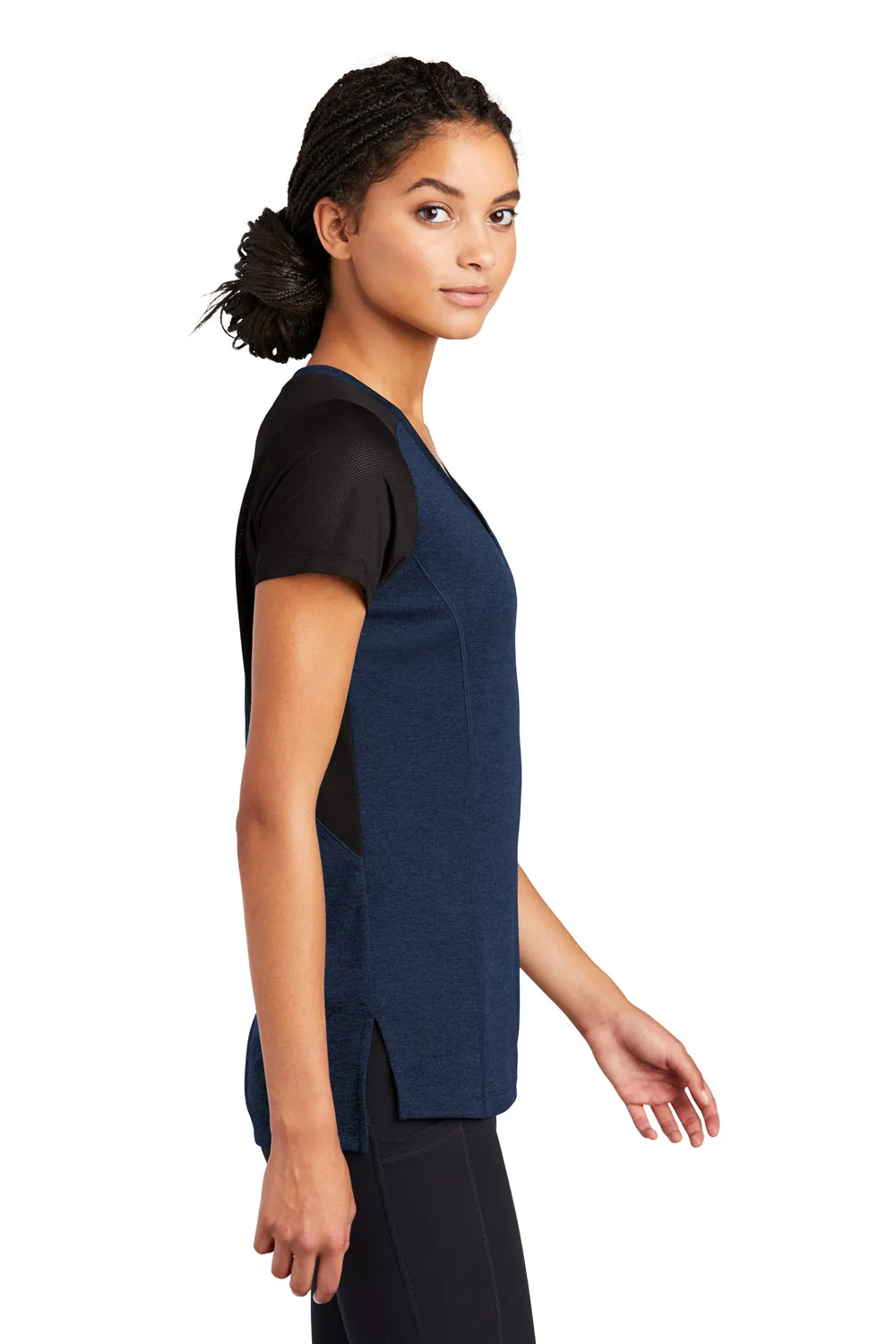 Sport-Tek Womens Endeavor Moisture Wicking Short Sleeve V-Neck T-Shirt - Heather Dark Royal Blue/Black - Closeout Clothing Sport-Tek