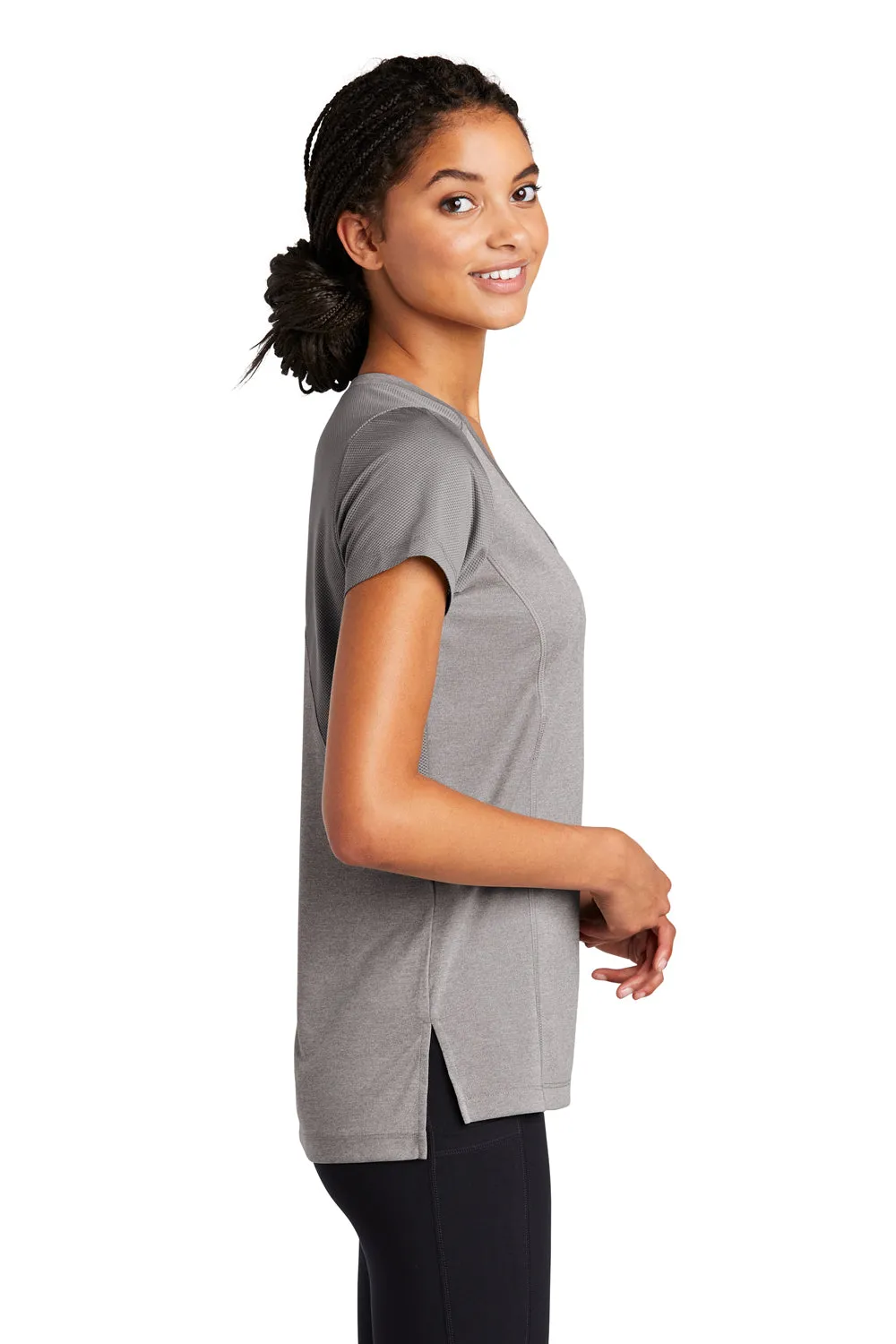 Sport-Tek Womens Endeavor Moisture Wicking Short Sleeve V-Neck T-Shirt - Heather Light Grey/Light Grey - Closeout Clothing Sport-Tek