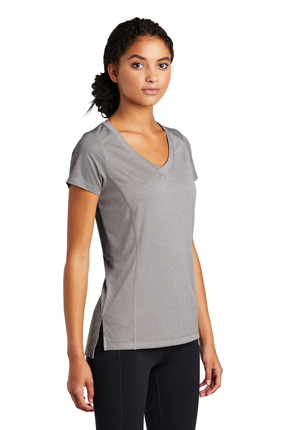 Sport-Tek Womens Endeavor Moisture Wicking Short Sleeve V-Neck T-Shirt - Heather Light Grey/Light Grey - Closeout Clothing Sport-Tek
