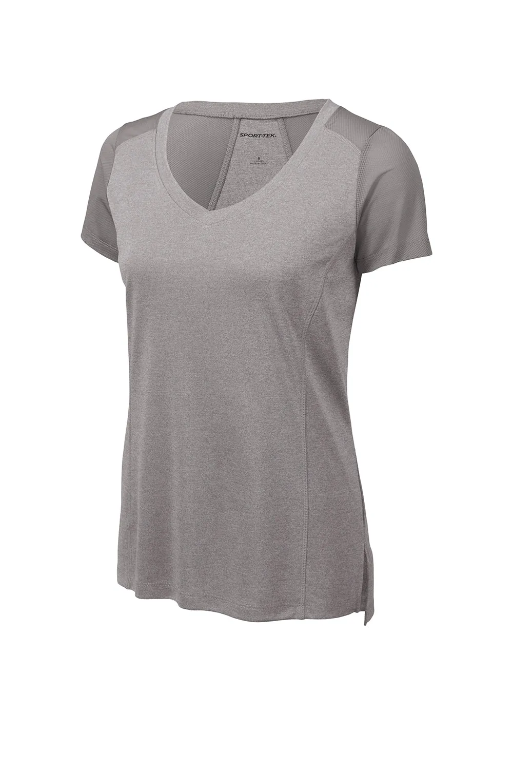Sport-Tek Womens Endeavor Moisture Wicking Short Sleeve V-Neck T-Shirt - Heather Light Grey/Light Grey - Closeout Clothing Sport-Tek