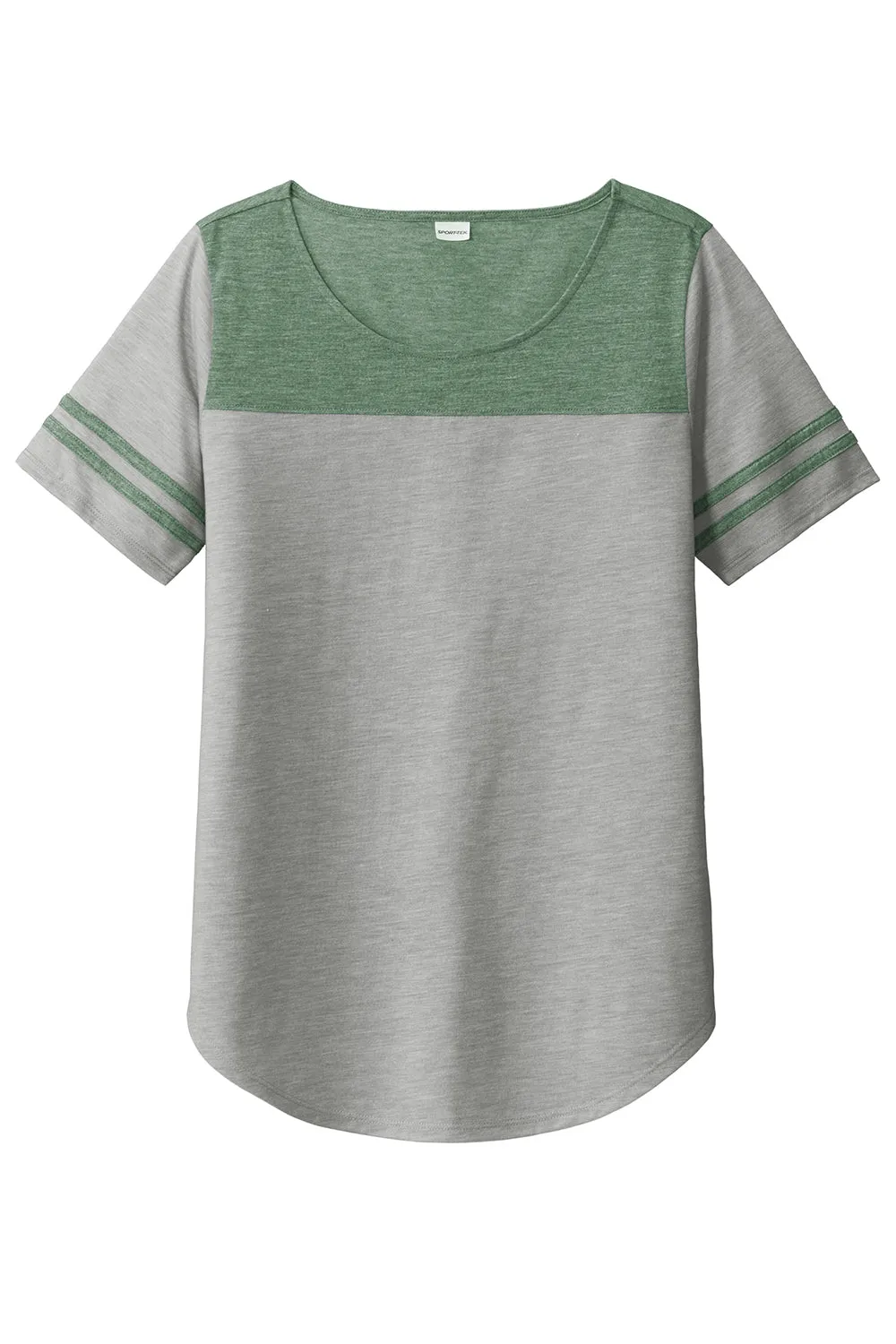 Sport-Tek Womens Fan Moisture Wicking Short Sleeve Crewneck T-Shirt - Heather Light Grey/Heather Forest Green - Closeout Clothing Sport-Tek