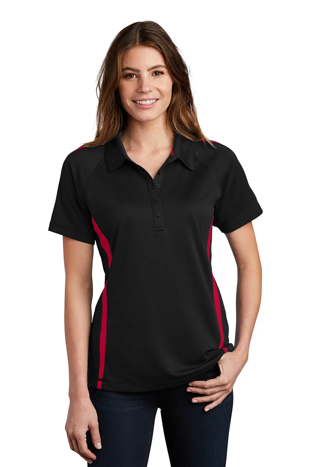 Sport-Tek Womens Micro-Mesh Moisture Wicking Short Sleeve Polo Shirt - Black/Red Clothing Sport-Tek