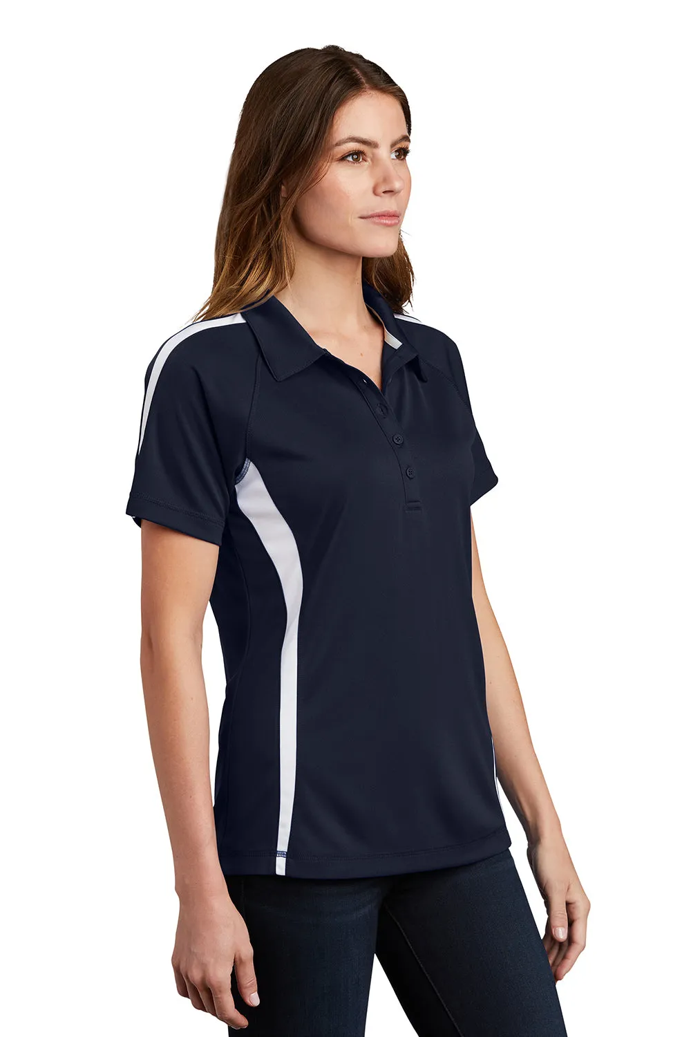 Sport-Tek Womens Micro-Mesh Moisture Wicking Short Sleeve Polo Shirt - True Navy Blue/White Clothing Sport-Tek
