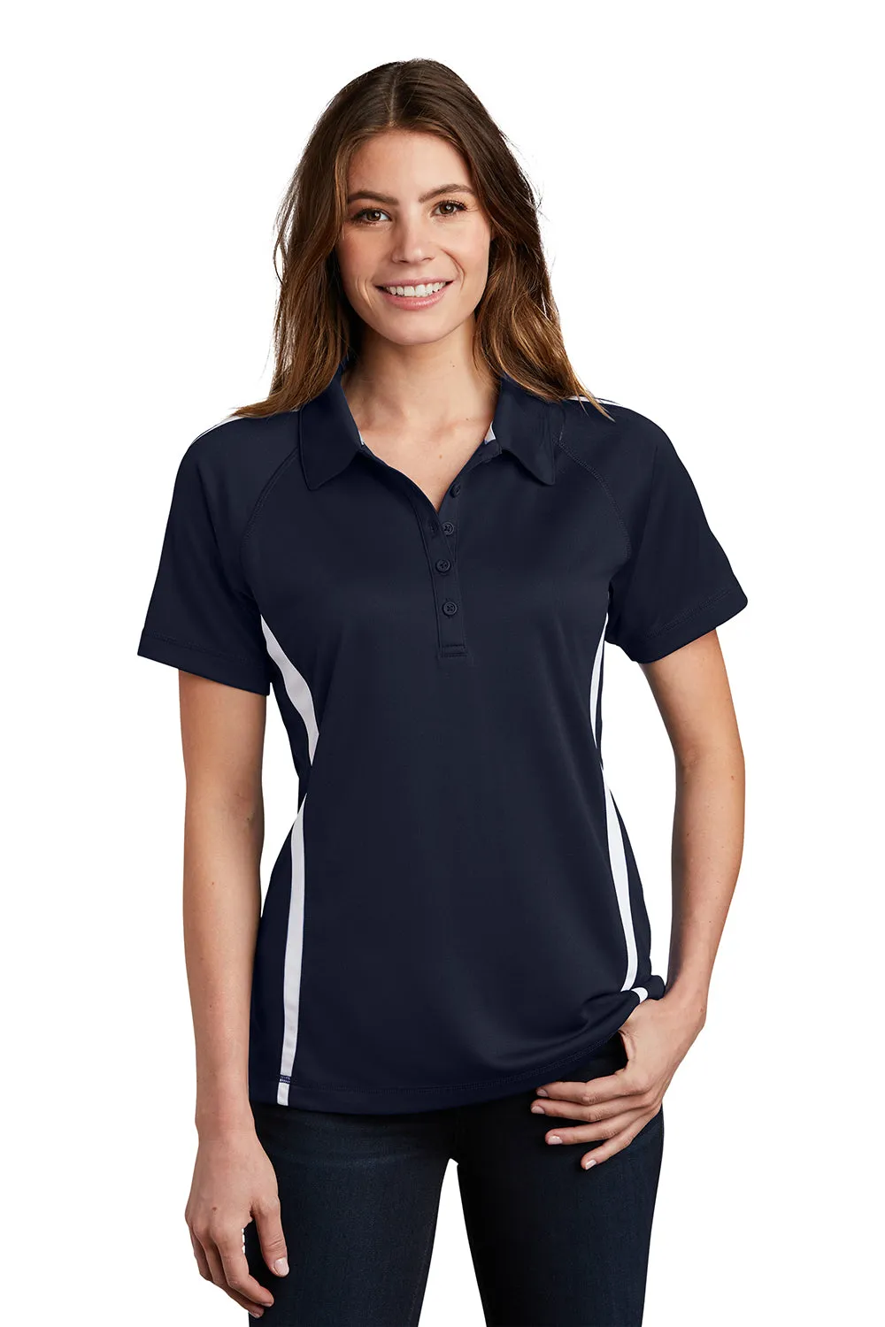 Sport-Tek Womens Micro-Mesh Moisture Wicking Short Sleeve Polo Shirt - True Navy Blue/White Clothing Sport-Tek