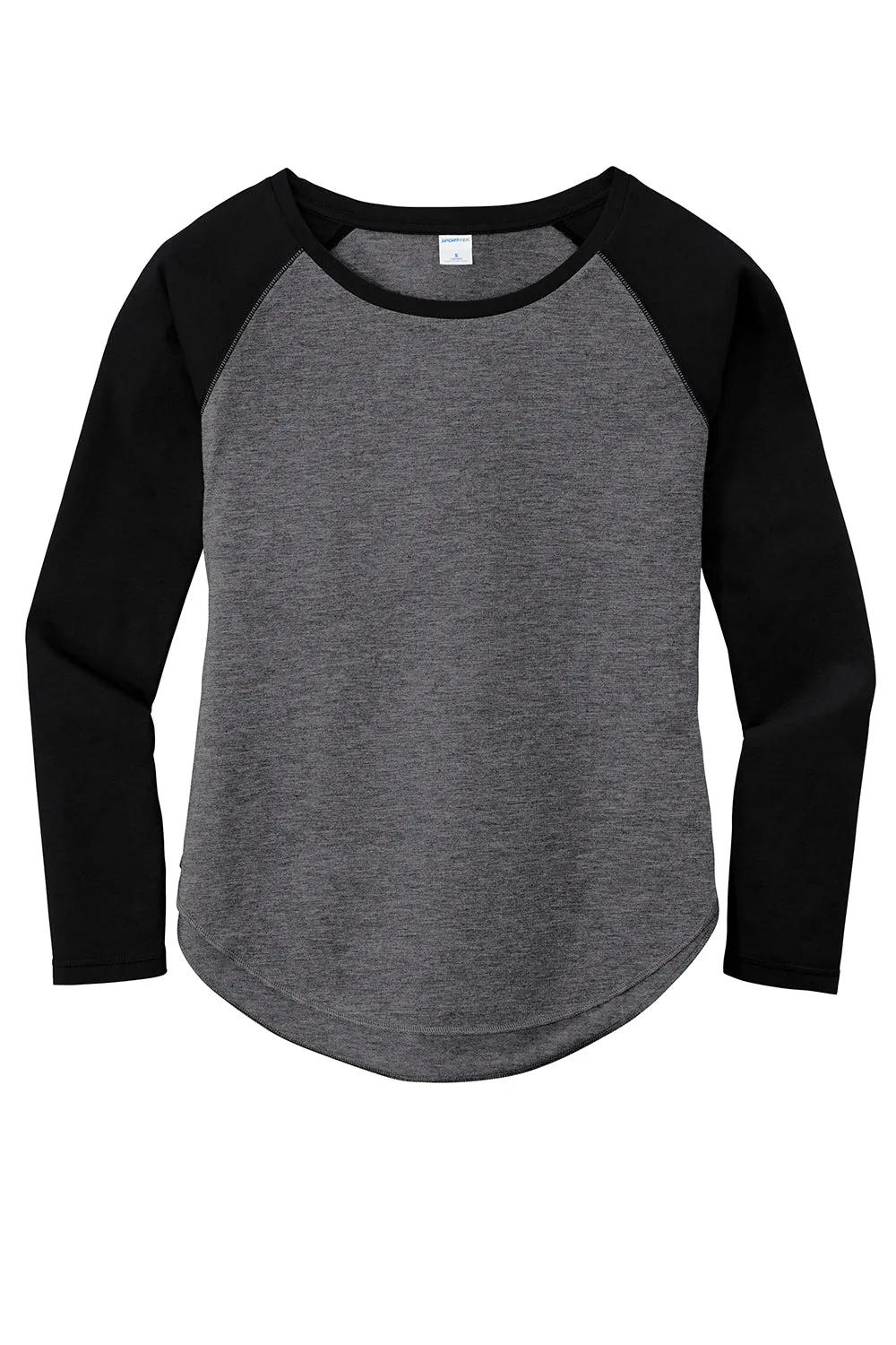 Sport-Tek Womens Moisture Wicking Long Sleeve Scoop Neck T-Shirt - Heather Dark Grey/Black - Closeout Clothing Sport-Tek