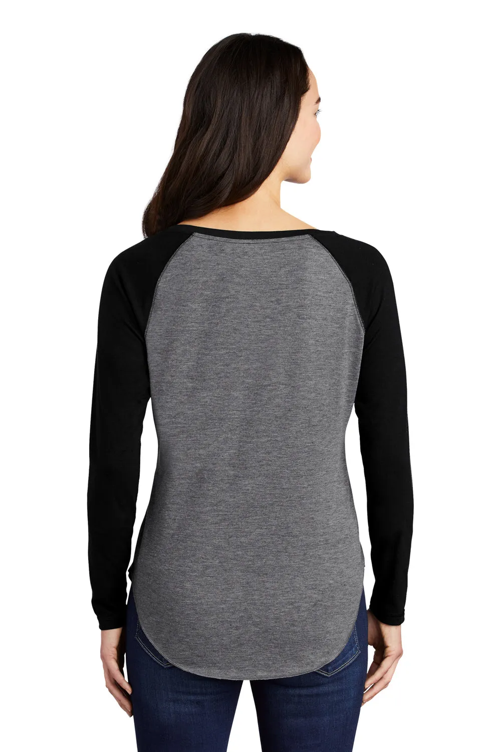 Sport-Tek Womens Moisture Wicking Long Sleeve Scoop Neck T-Shirt - Heather Dark Grey/Black - Closeout Clothing Sport-Tek