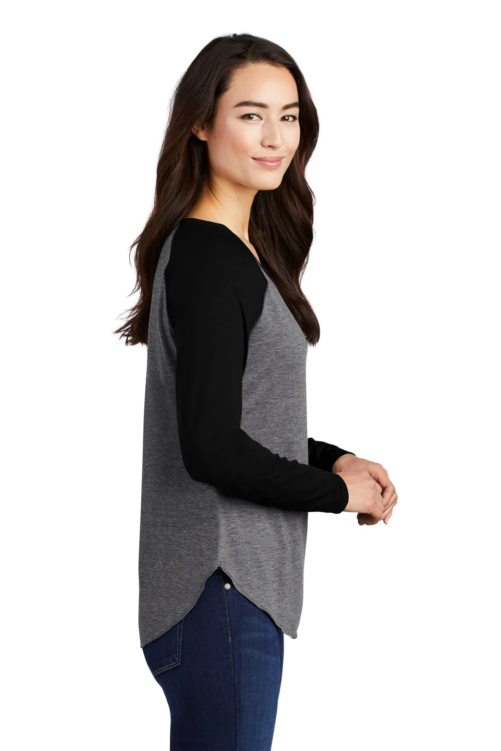 Sport-Tek Womens Moisture Wicking Long Sleeve Scoop Neck T-Shirt - Heather Dark Grey/Black - Closeout Clothing Sport-Tek