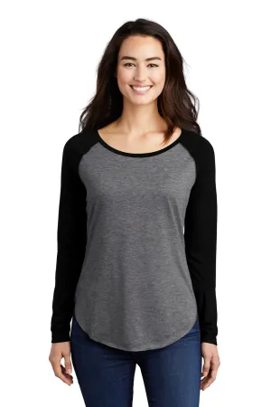 Sport-Tek Womens Moisture Wicking Long Sleeve Scoop Neck T-Shirt - Heather Dark Grey/Black - Closeout Clothing Sport-Tek
