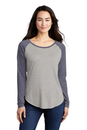 Sport-Tek Womens Moisture Wicking Long Sleeve Scoop Neck T-Shirt - Heather Light Grey/Heather True Navy Blue - Closeout Clothing Sport-Tek