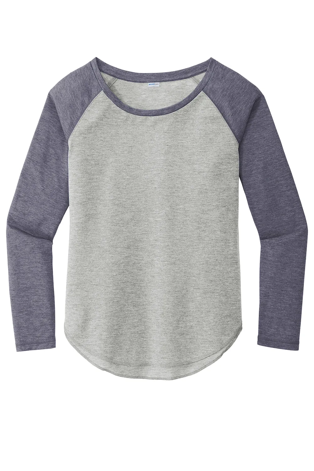 Sport-Tek Womens Moisture Wicking Long Sleeve Scoop Neck T-Shirt - Heather Light Grey/Heather True Navy Blue - Closeout Clothing Sport-Tek