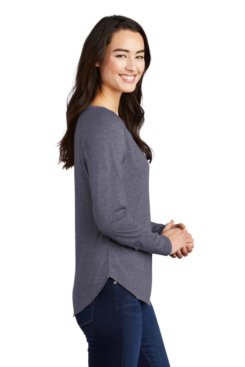 Sport-Tek Womens Moisture Wicking Long Sleeve Scoop Neck T-Shirt - Heather True Navy Blue - Closeout Clothing Sport-Tek