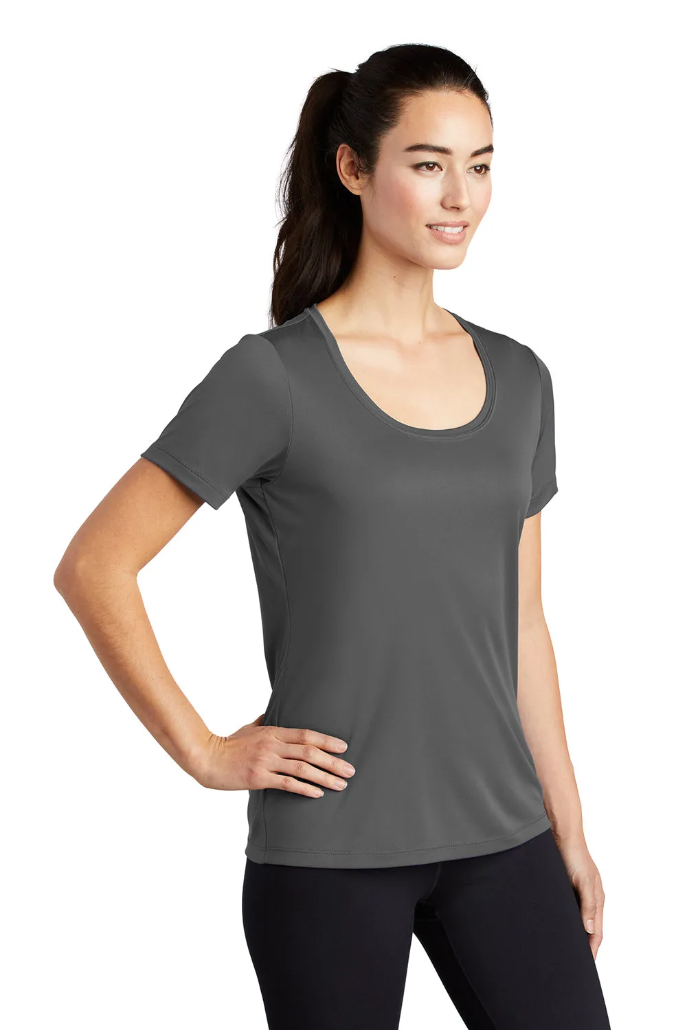 Sport-Tek Womens Moisture Wicking Short Sleeve Scoop Neck T-Shirt - Dark Smoke Grey - Closeout Clothing Sport-Tek