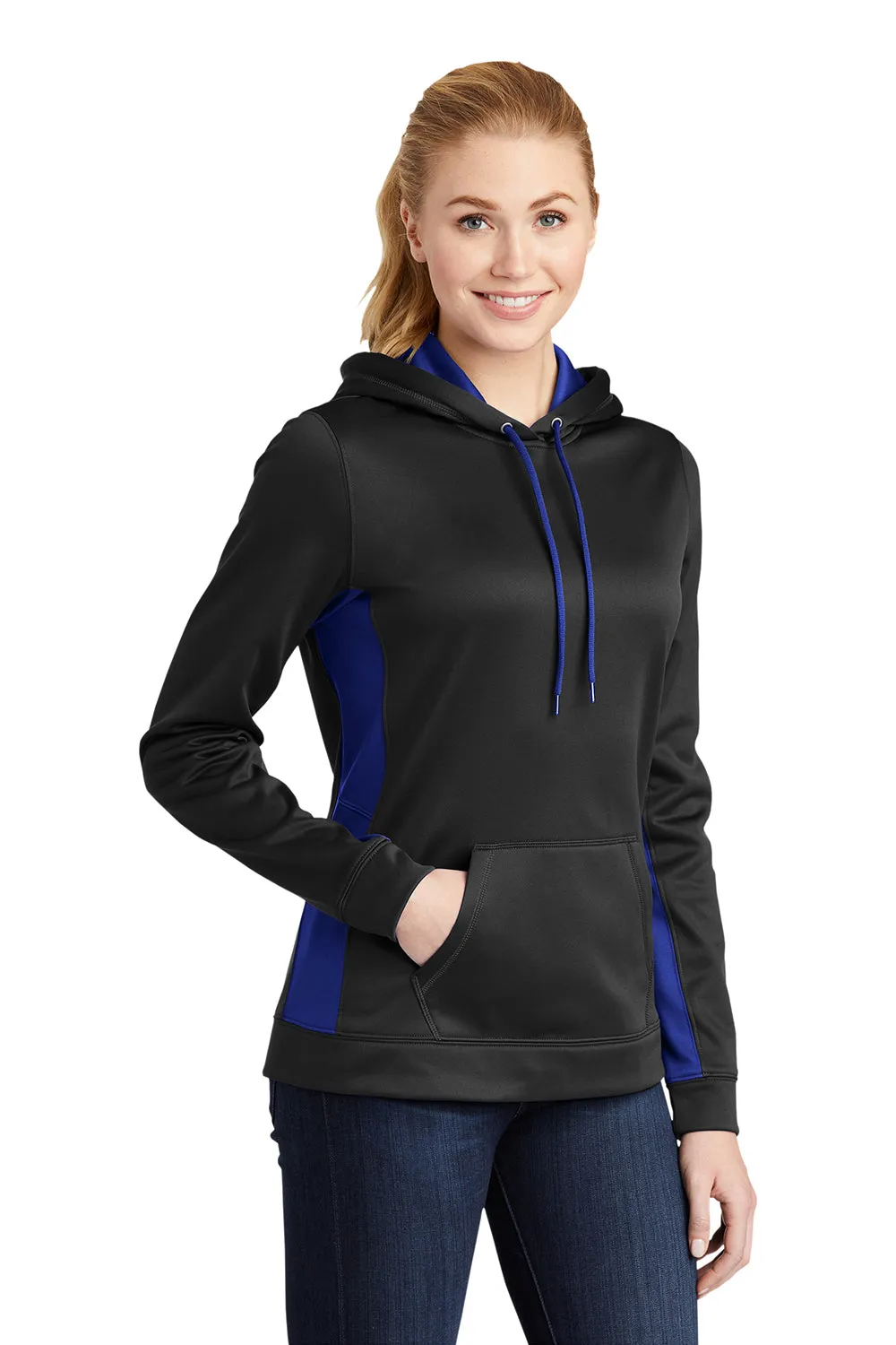 Sport-Tek Womens Sport-Wick Moisture Wicking Fleece Hooded Sweatshirt Hoodie w/ Pouch Pocket - Black/True Royal Blue - Closeout Clothing Sport-Tek