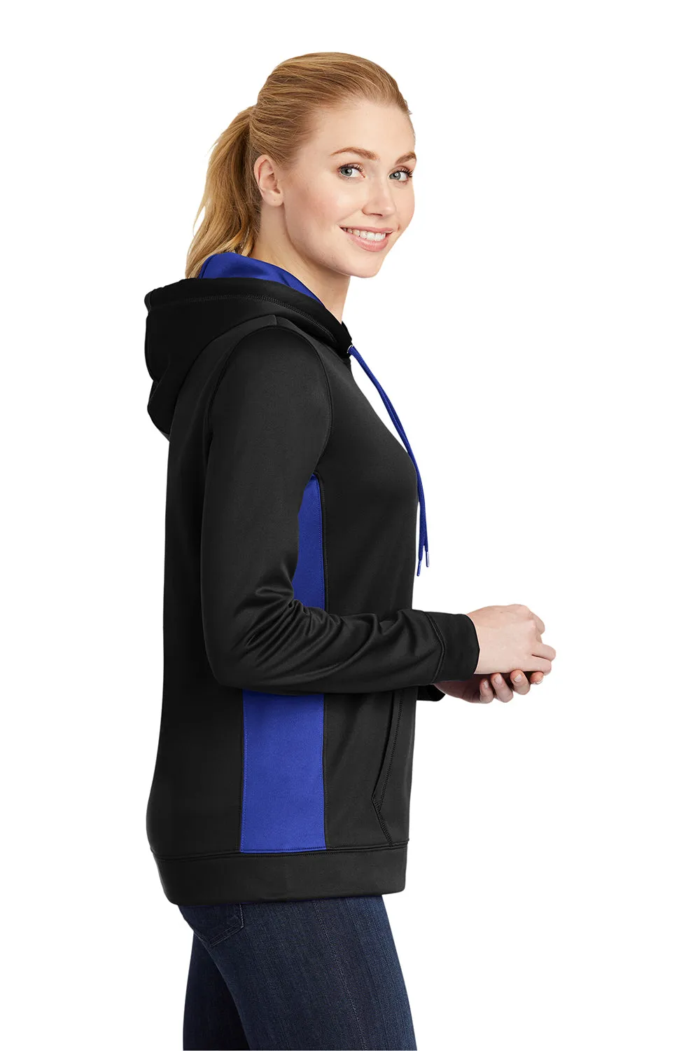 Sport-Tek Womens Sport-Wick Moisture Wicking Fleece Hooded Sweatshirt Hoodie w/ Pouch Pocket - Black/True Royal Blue - Closeout Clothing Sport-Tek