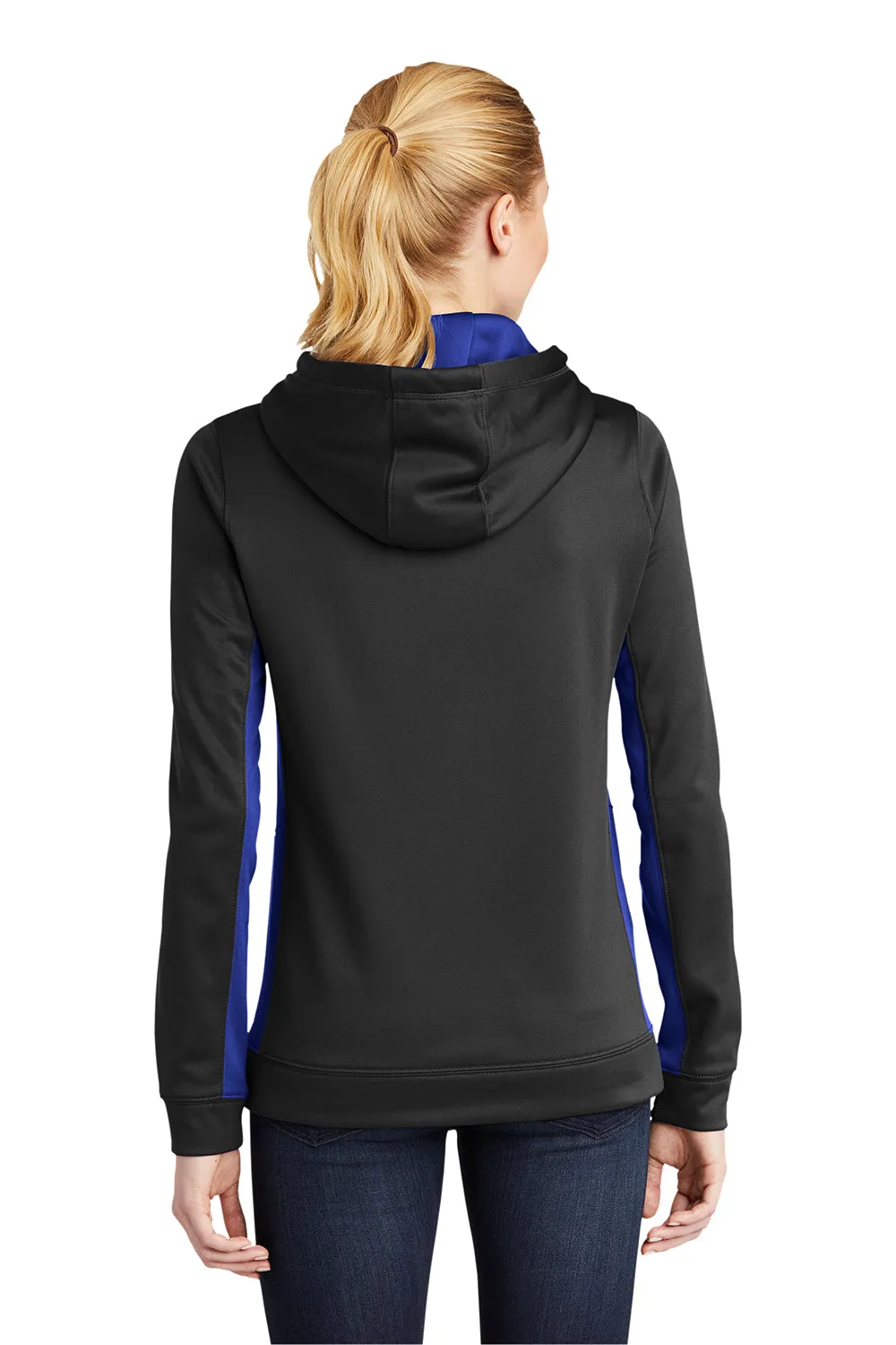 Sport-Tek Womens Sport-Wick Moisture Wicking Fleece Hooded Sweatshirt Hoodie w/ Pouch Pocket - Black/True Royal Blue - Closeout Clothing Sport-Tek