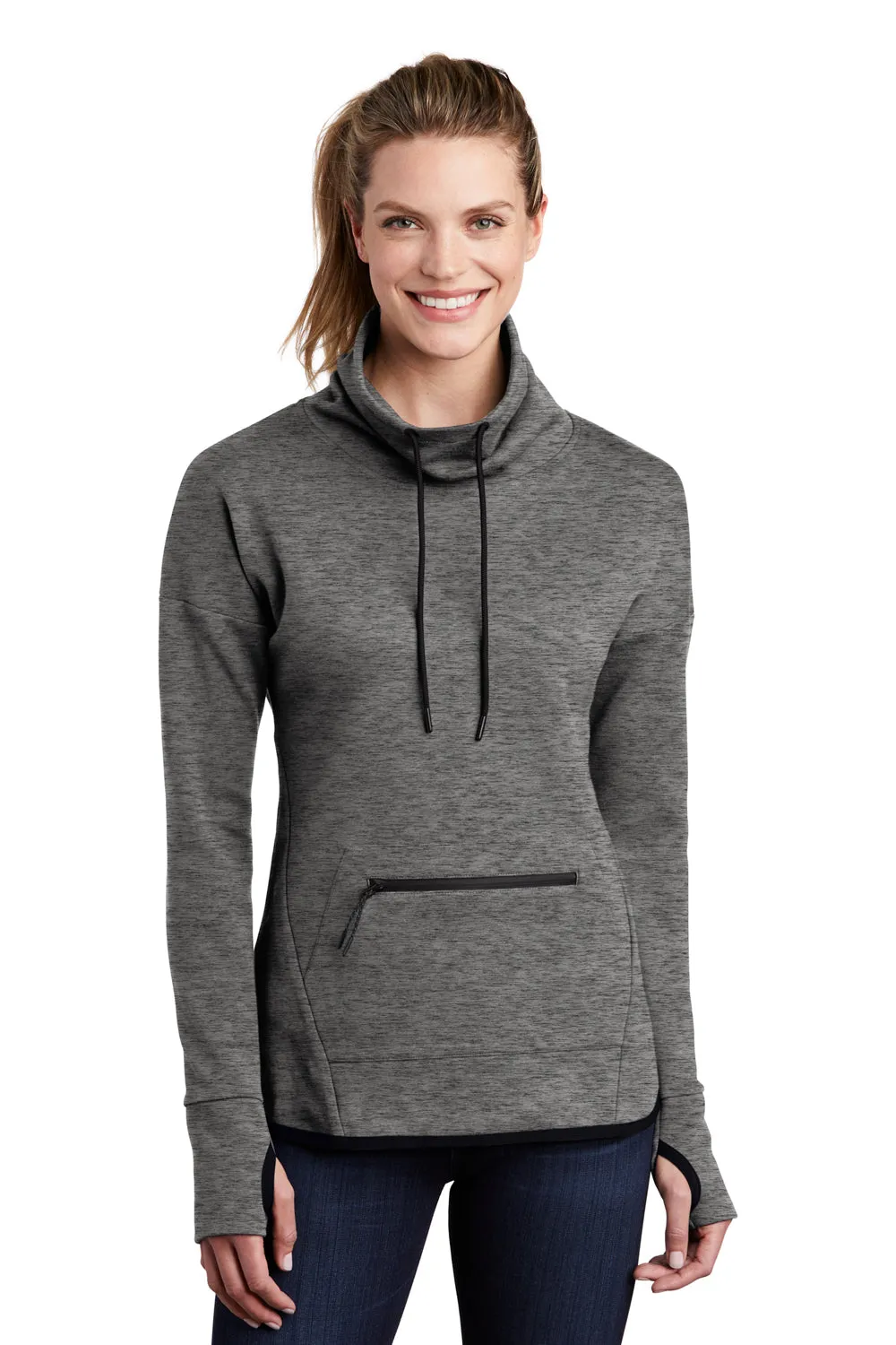 Sport-Tek Womens Triumph Fleece Cowl Neck Sweatshirt w/ Pocket - Heather Dark Grey Clothing Sport-Tek