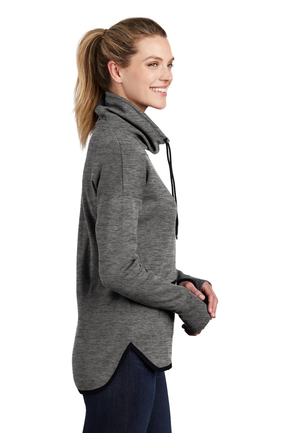 Sport-Tek Womens Triumph Fleece Cowl Neck Sweatshirt w/ Pocket - Heather Dark Grey Clothing Sport-Tek