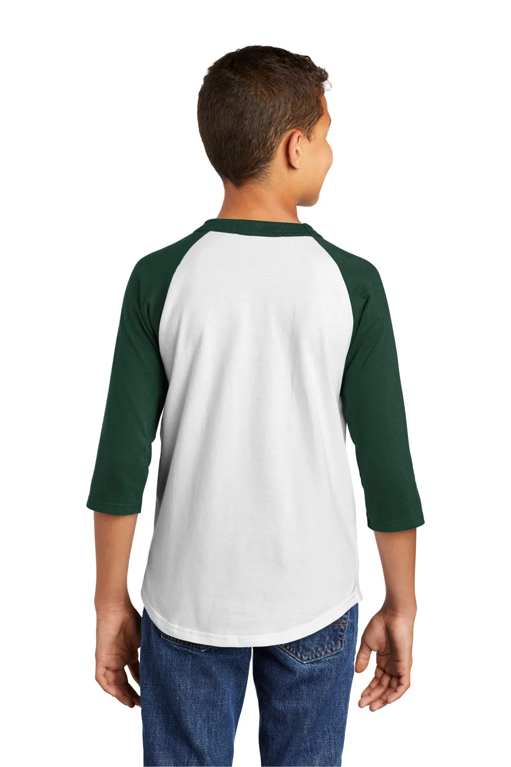 Sport-Tek Youth 3/4 Sleeve Crewneck T-Shirt - White/Forest Green Clothing Sport-Tek