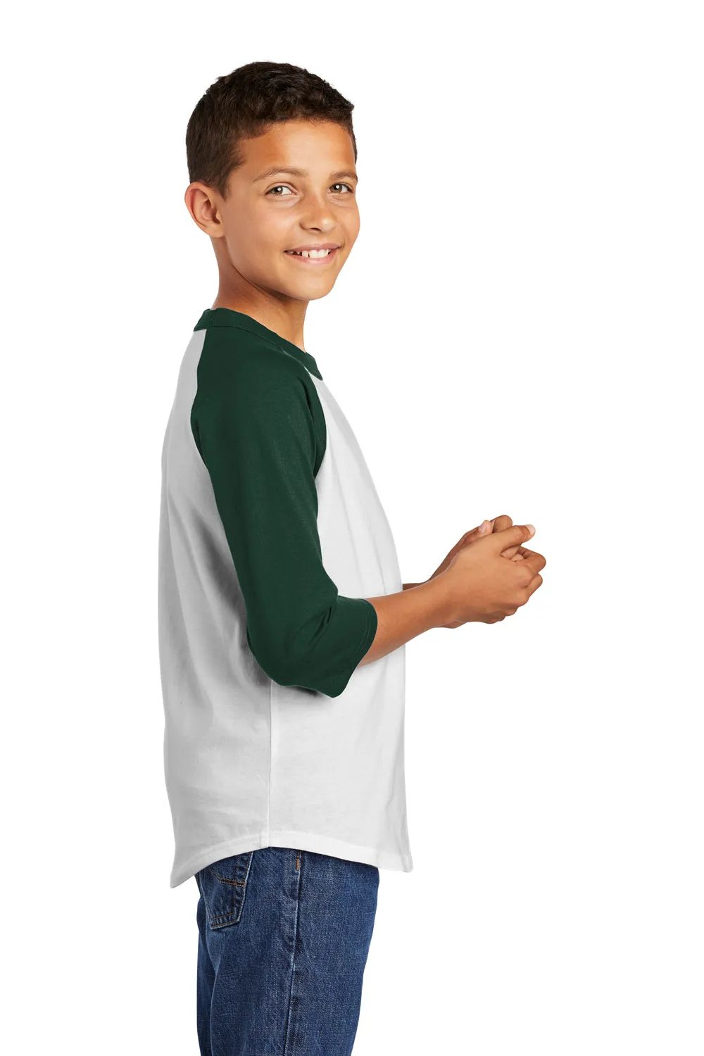 Sport-Tek Youth 3/4 Sleeve Crewneck T-Shirt - White/Forest Green Clothing Sport-Tek
