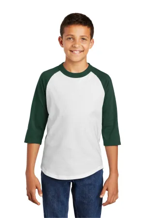 Sport-Tek Youth 3/4 Sleeve Crewneck T-Shirt - White/Forest Green Clothing Sport-Tek