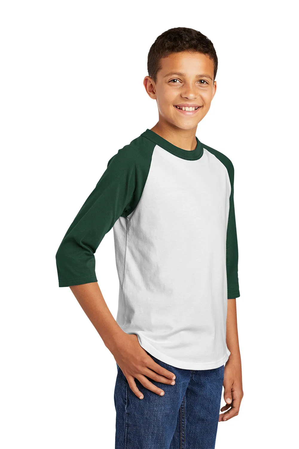 Sport-Tek Youth 3/4 Sleeve Crewneck T-Shirt - White/Forest Green Clothing Sport-Tek