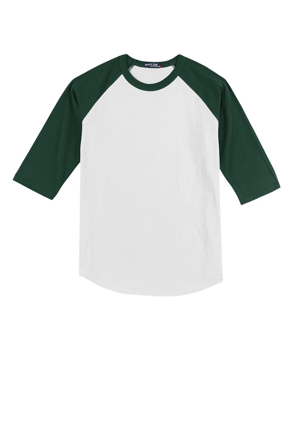 Sport-Tek Youth 3/4 Sleeve Crewneck T-Shirt - White/Forest Green Clothing Sport-Tek