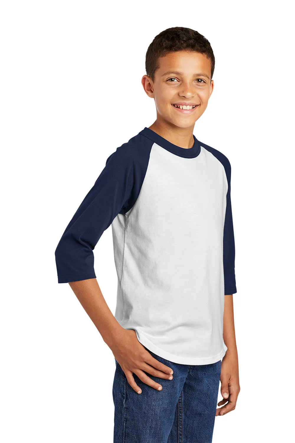 Sport-Tek Youth 3/4 Sleeve Crewneck T-Shirt - White/Navy Blue Clothing Sport-Tek