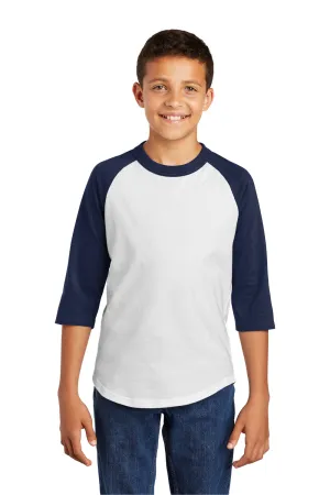 Sport-Tek Youth 3/4 Sleeve Crewneck T-Shirt - White/Navy Blue Clothing Sport-Tek