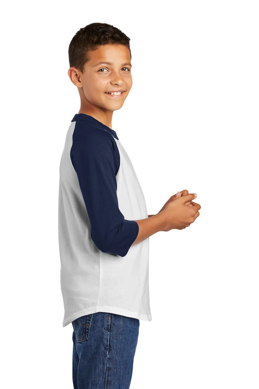 Sport-Tek Youth 3/4 Sleeve Crewneck T-Shirt - White/Navy Blue Clothing Sport-Tek