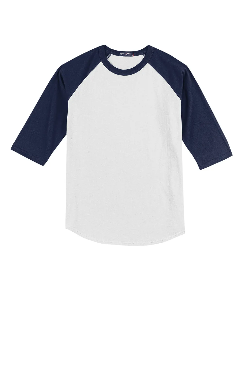Sport-Tek Youth 3/4 Sleeve Crewneck T-Shirt - White/Navy Blue Clothing Sport-Tek