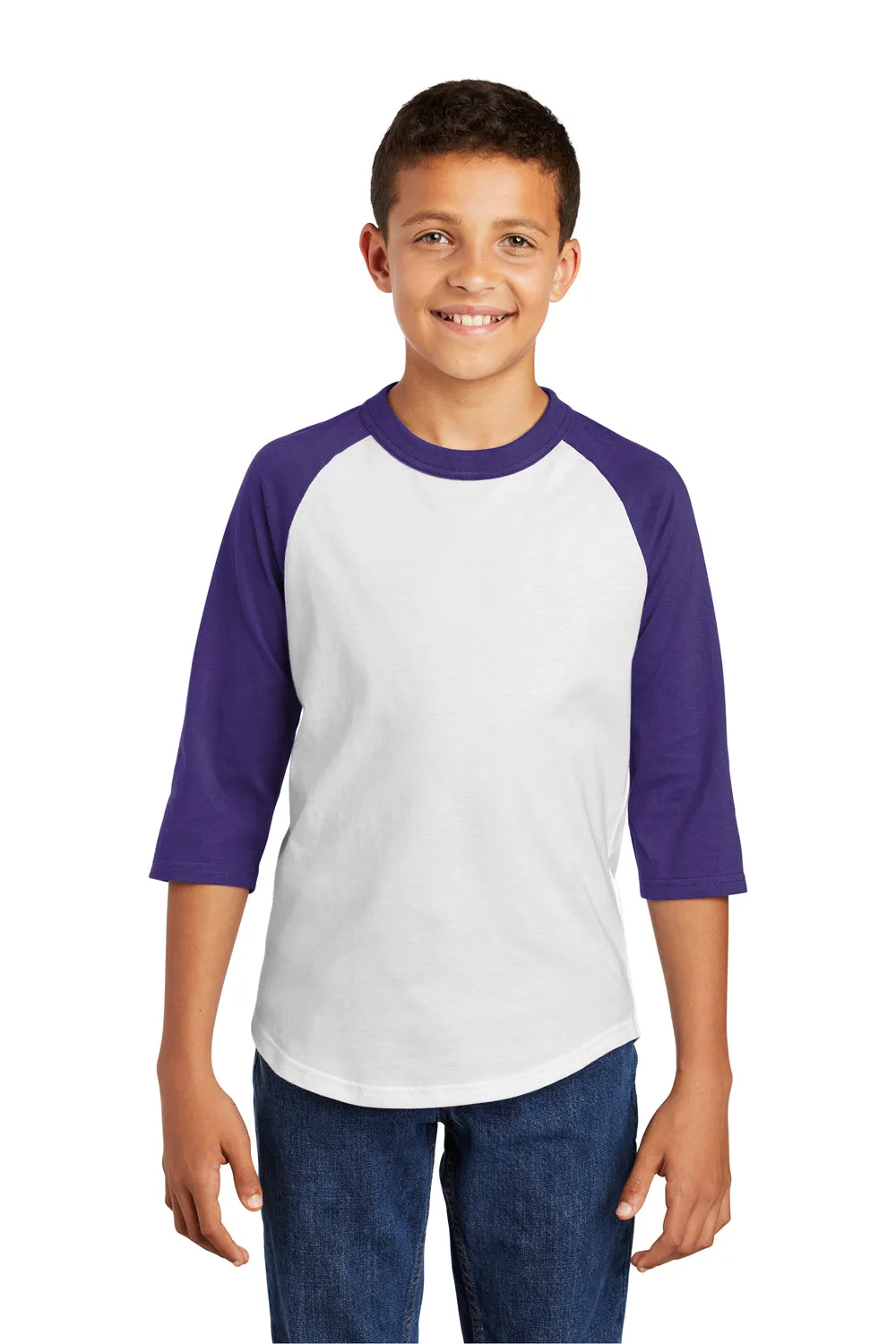 Sport-Tek Youth 3/4 Sleeve Crewneck T-Shirt - White/Purple Clothing Sport-Tek