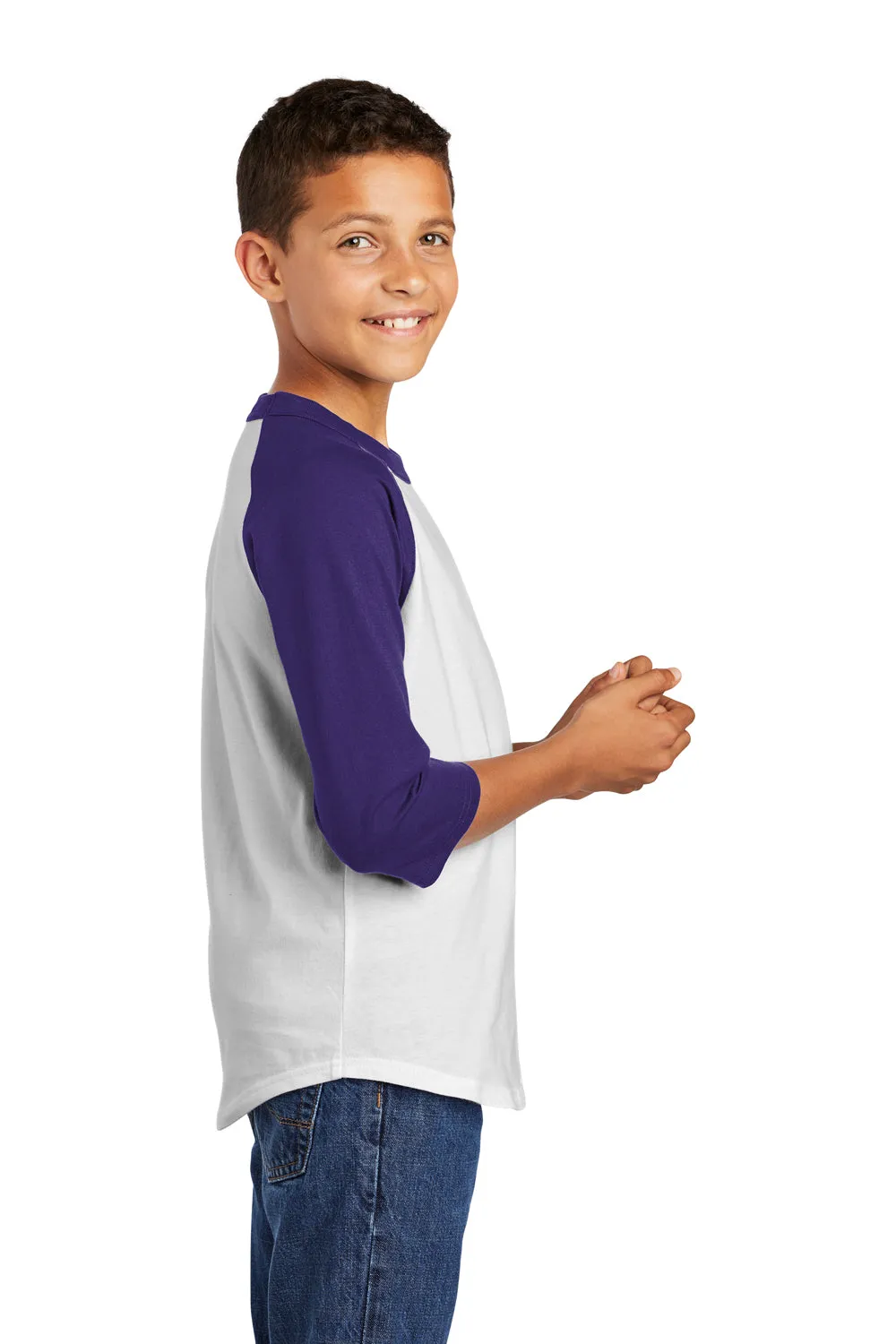 Sport-Tek Youth 3/4 Sleeve Crewneck T-Shirt - White/Purple Clothing Sport-Tek