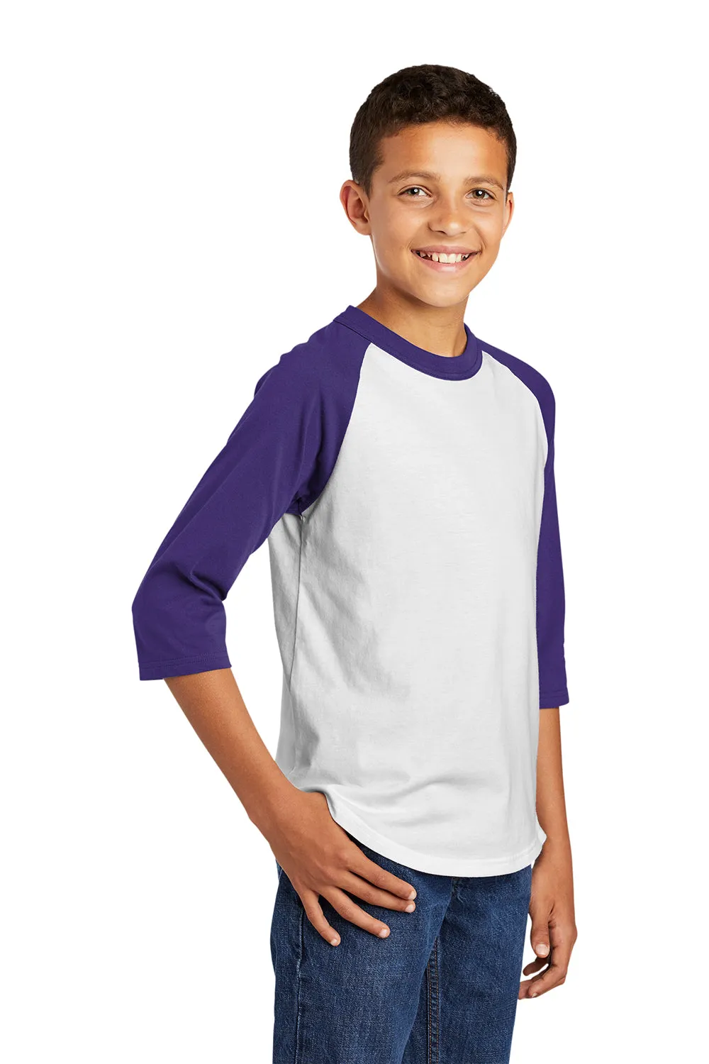Sport-Tek Youth 3/4 Sleeve Crewneck T-Shirt - White/Purple Clothing Sport-Tek