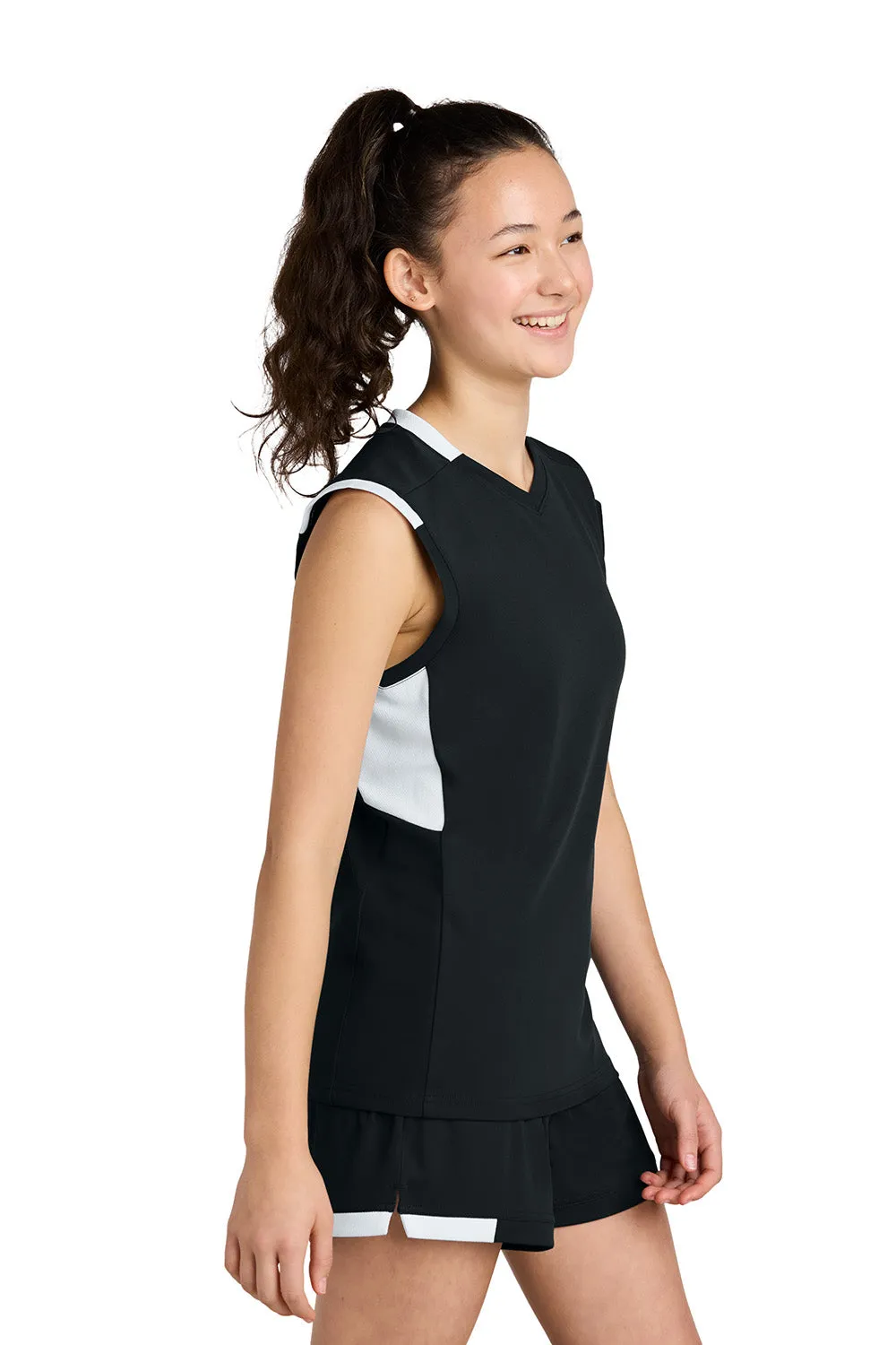 Sport-Tek Youth Club Moisture Wicking V-Neck Tank Top - Black/White Clothing Sport-Tek