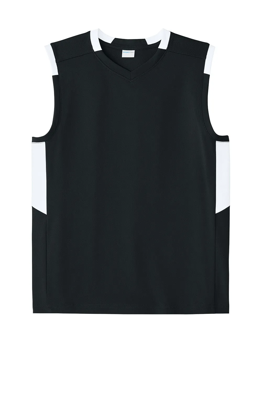 Sport-Tek Youth Club Moisture Wicking V-Neck Tank Top - Black/White Clothing Sport-Tek